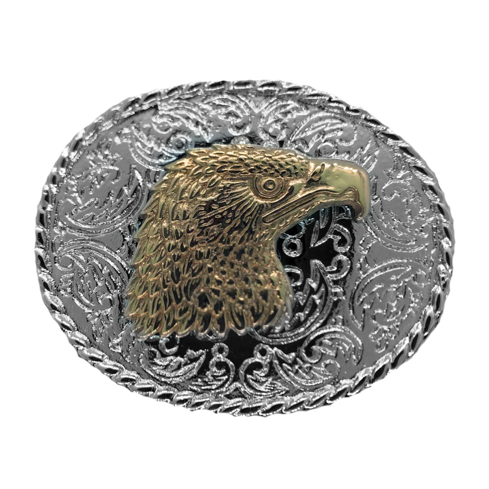 Belt Buckle - Oval Rodeo Eagle Head Silver and Gold