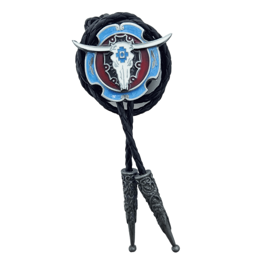 Bolo Tie - Steer Skull Silver Blue Red